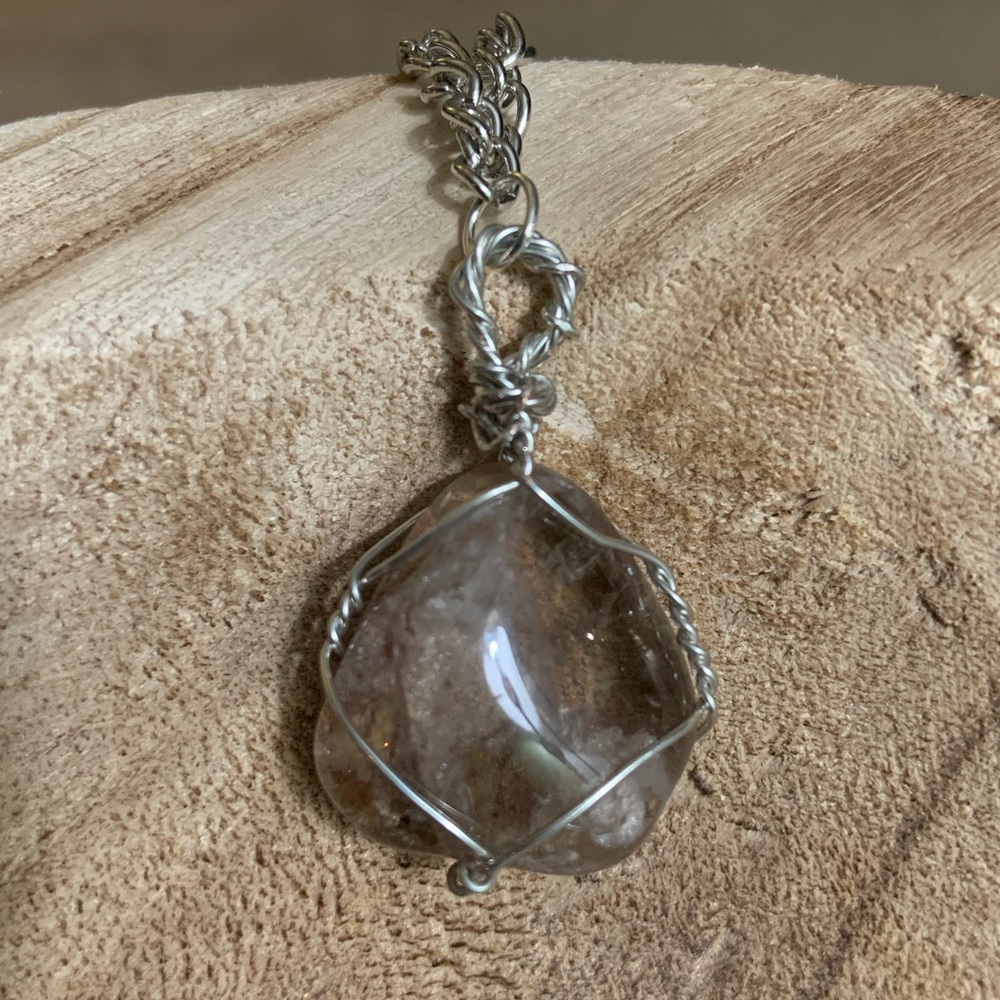 Smoky quartz silver wire wrapped pendant necklace
